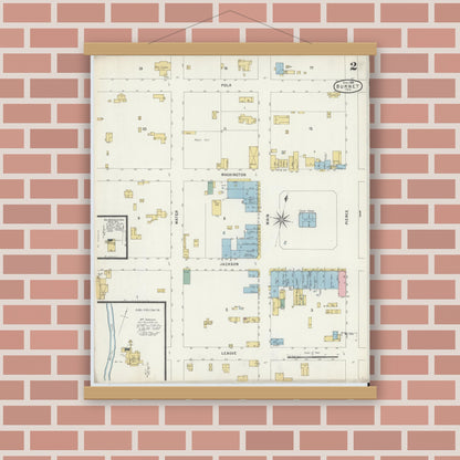 Old map wall art mockup — magnetic wood frame on brick wall — Sanborn Fire Insurance Map from Burnet, Burnet County, Texas (1896), Sheet #0002