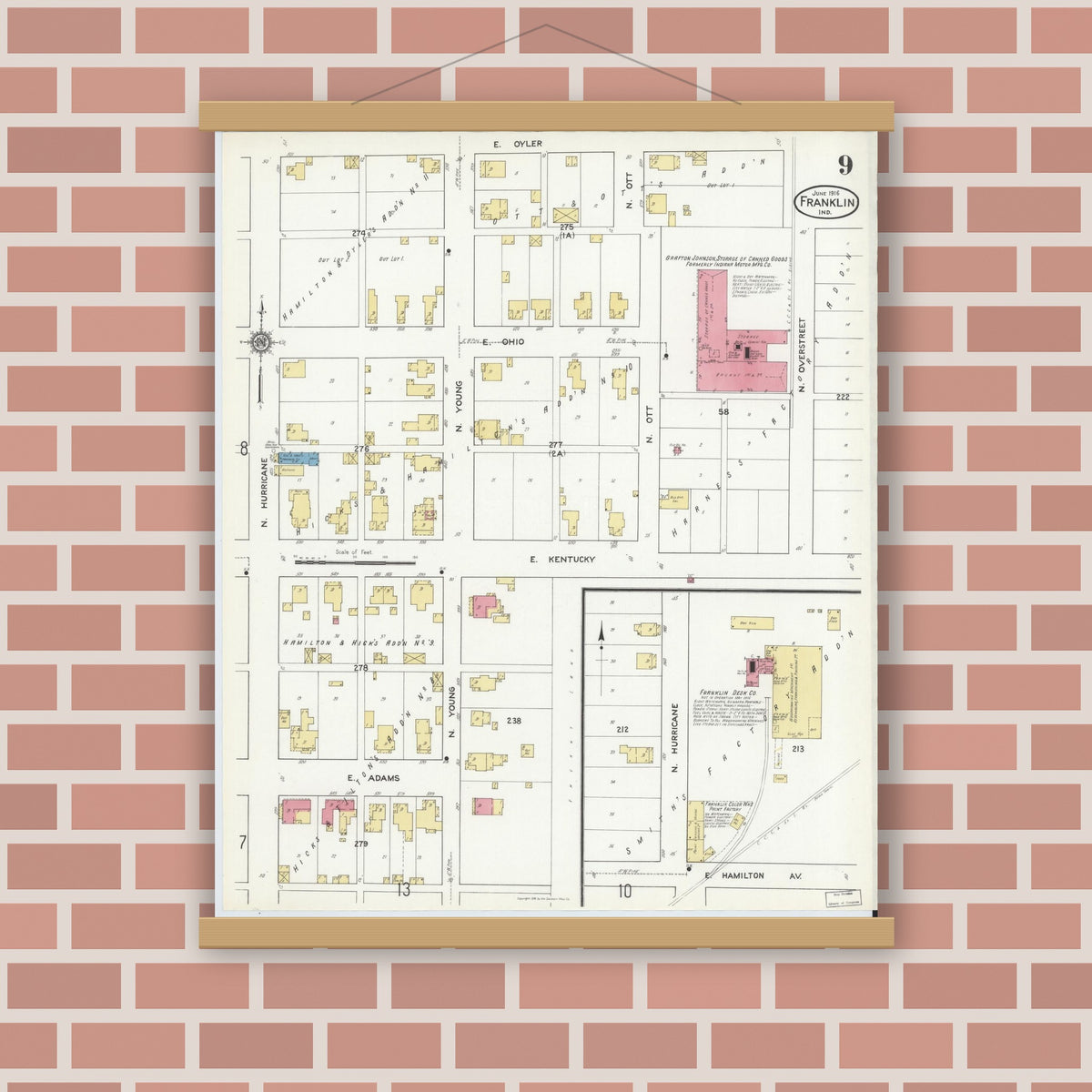 Old map wall art mockup — magnetic wood frame on brick wall — Sanborn Fire Insurance Map from Franklin, Johnson County, Indiana (1916), Sheet #0009