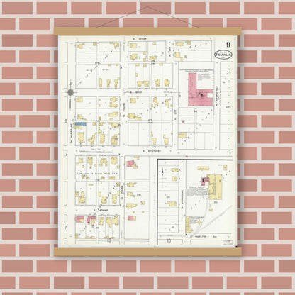 Old map wall art mockup — magnetic wood frame on brick wall — Sanborn Fire Insurance Map from Franklin, Johnson County, Indiana (1916), Sheet #0009