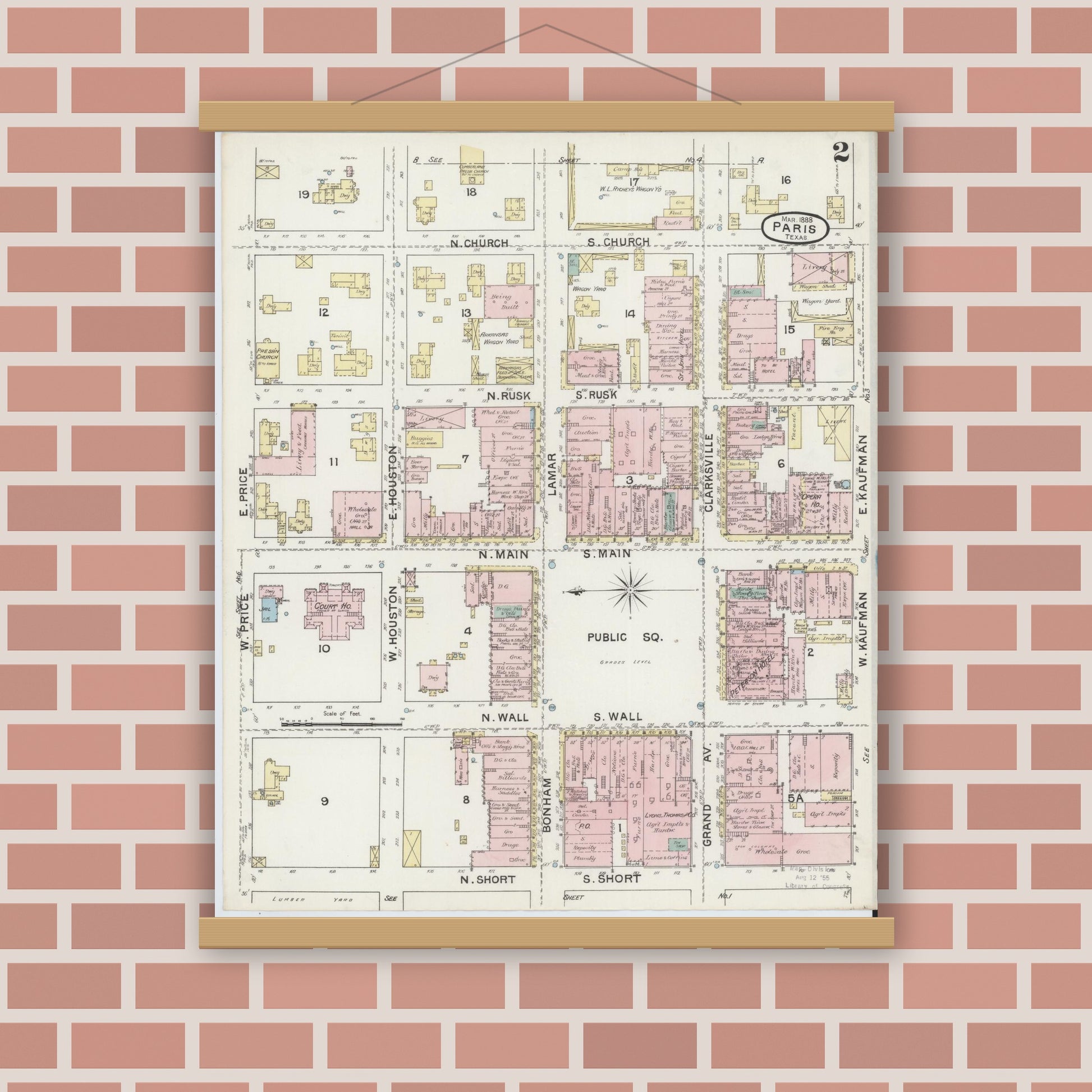 Old map wall art mockup — magnetic wood frame on brick wall — Sanborn Fire Insurance Map from Paris, Lamar County, Texas (1888), Sheet #0002