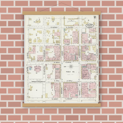 Old map wall art mockup — magnetic wood frame on brick wall — Sanborn Fire Insurance Map from Paris, Lamar County, Texas (1888), Sheet #0002
