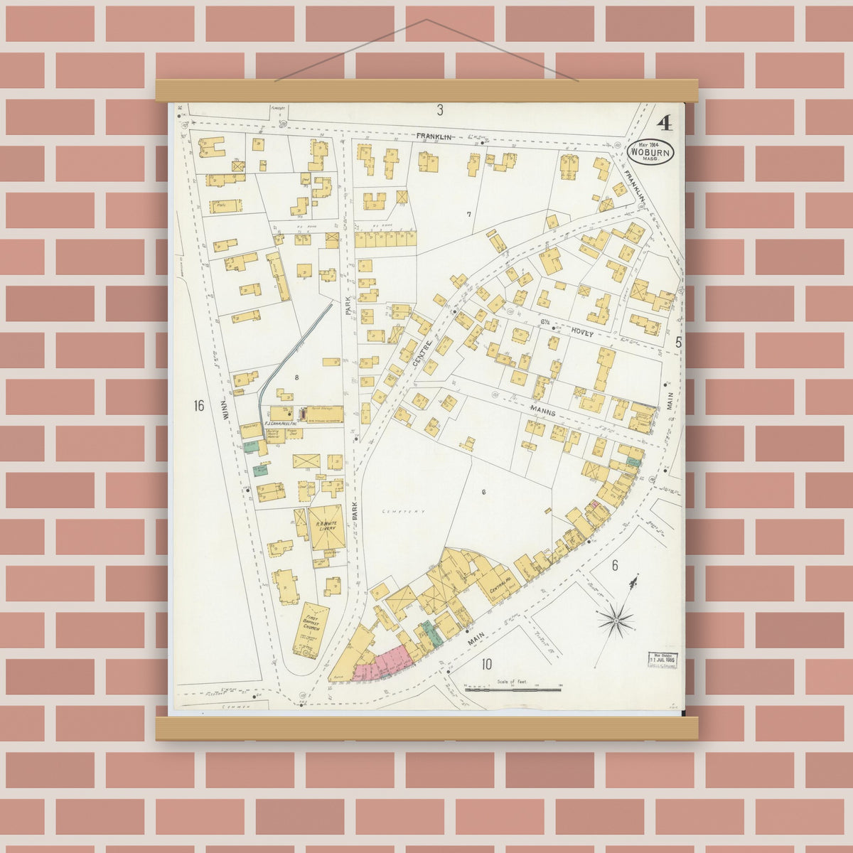 Old map wall art mockup — magnetic wood frame on brick wall — Sanborn Fire Insurance Map from Woburn, Middlesex County, Massachusetts (1904), Sheet #0004