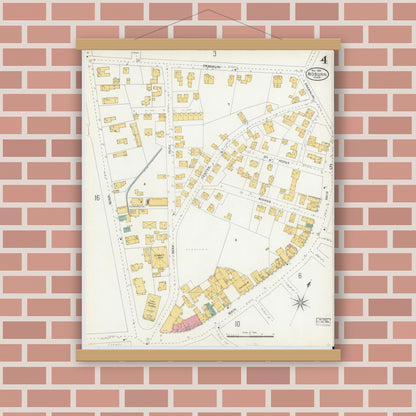 Old map wall art mockup — magnetic wood frame on brick wall — Sanborn Fire Insurance Map from Woburn, Middlesex County, Massachusetts (1904), Sheet #0004