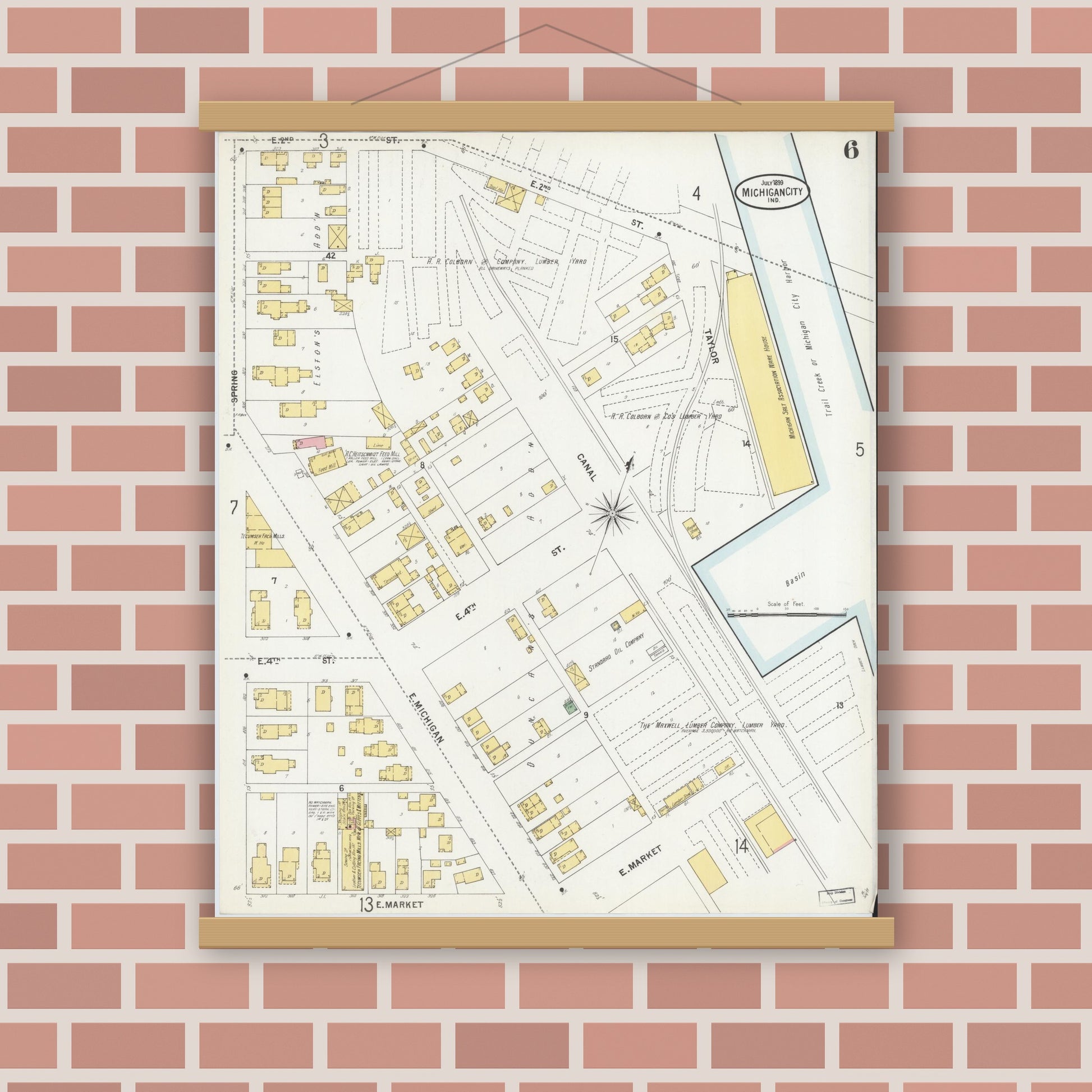Old map wall art mockup — magnetic wood frame on brick wall — Sanborn Fire Insurance Map from Michigan City, La Porte County, Indiana (1899), Sheet #0006