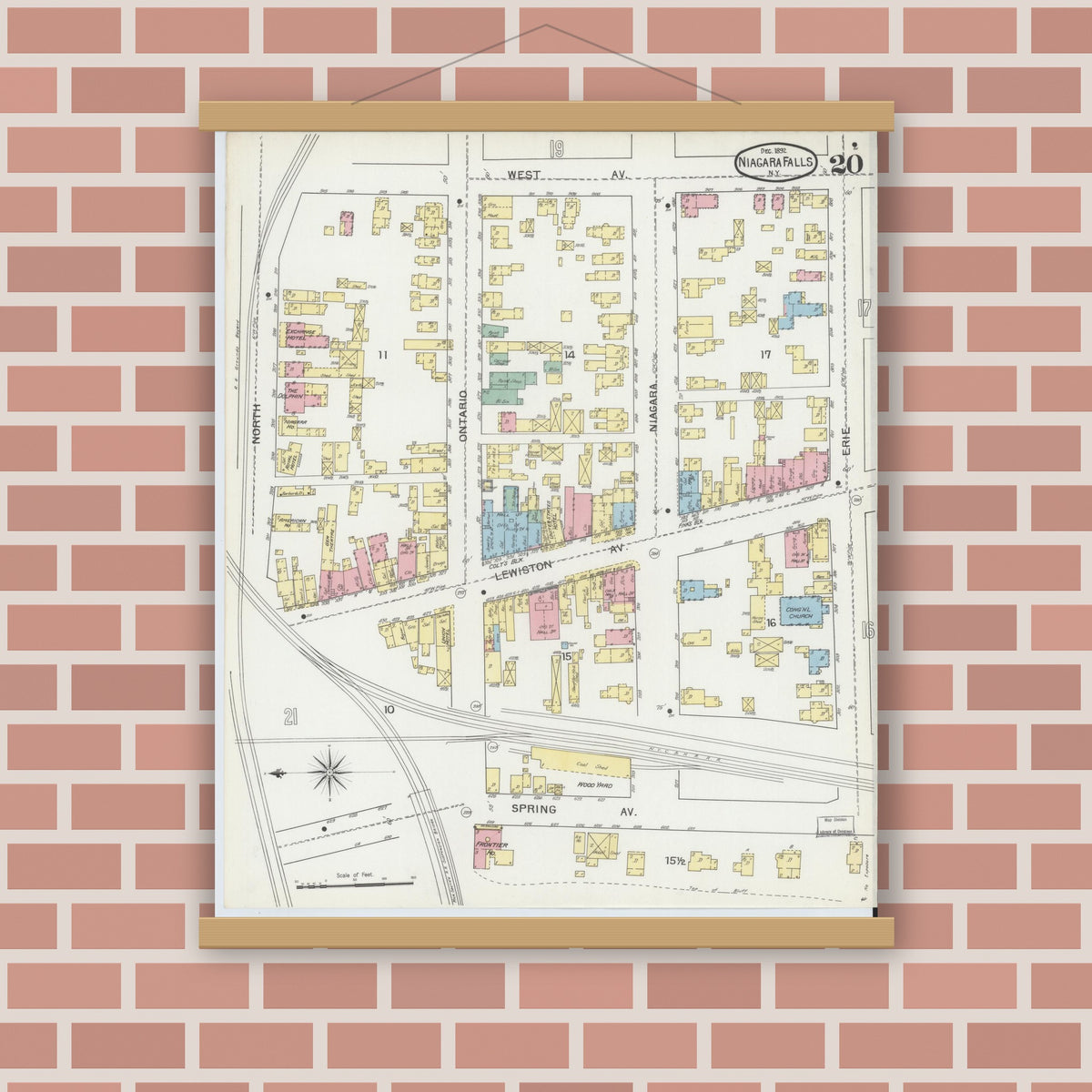 Old map wall art mockup — magnetic wood frame on brick wall — Sanborn Fire Insurance Map from Niagara Falls, Niagara County, New York (1892), Sheet #0020