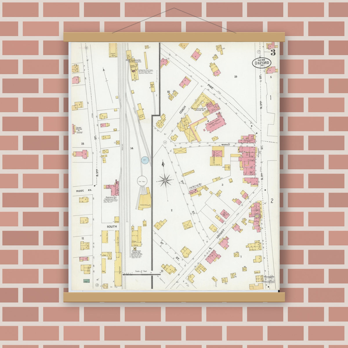 Old map wall art mockup — magnetic wood frame on brick wall — Sanborn Fire Insurance Map from Oxford, Chester County, Pennsylvania (1900), Sheet #0003