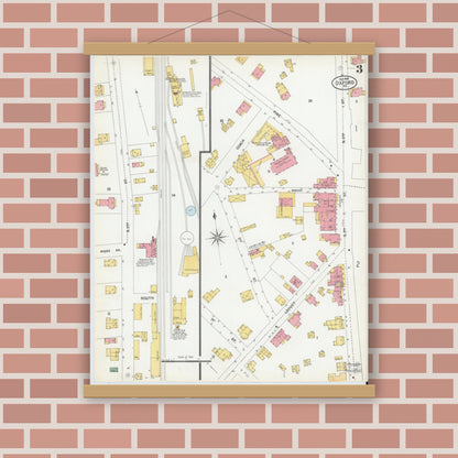 Old map wall art mockup — magnetic wood frame on brick wall — Sanborn Fire Insurance Map from Oxford, Chester County, Pennsylvania (1900), Sheet #0003