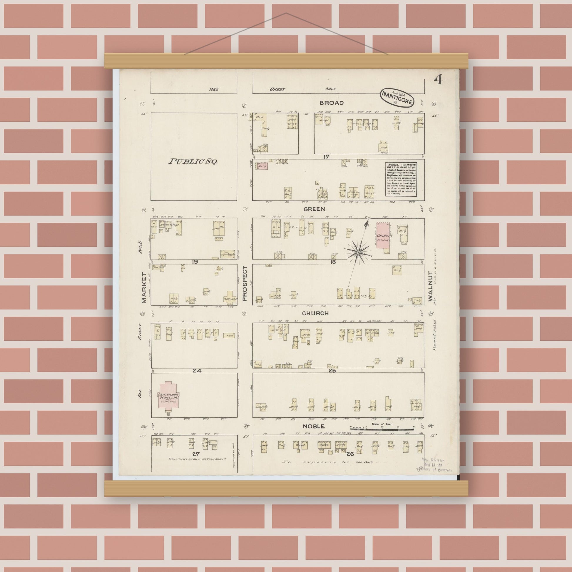 Old map wall art mockup — magnetic wood frame on brick wall — Sanborn Fire Insurance Map from Nanticoke, Luzerne County, Pennsylvania (1884), Sheet #0004