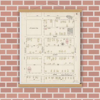 Old map wall art mockup — magnetic wood frame on brick wall — Sanborn Fire Insurance Map from Nanticoke, Luzerne County, Pennsylvania (1884), Sheet #0004