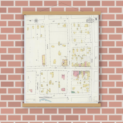 Old map wall art mockup — magnetic wood frame on brick wall — Sanborn Fire Insurance Map from Waseca, Waseca County, Minnesota (1894), Sheet #0003