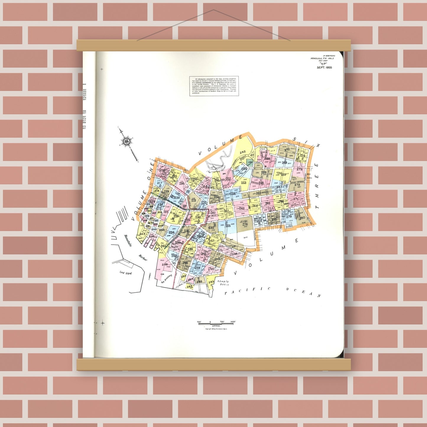 Old map wall art mockup — magnetic wood frame on brick wall — Sanborn Fire Insurance Map from Honolulu, Oahu County, Hawaii (1956), Sheet #0001