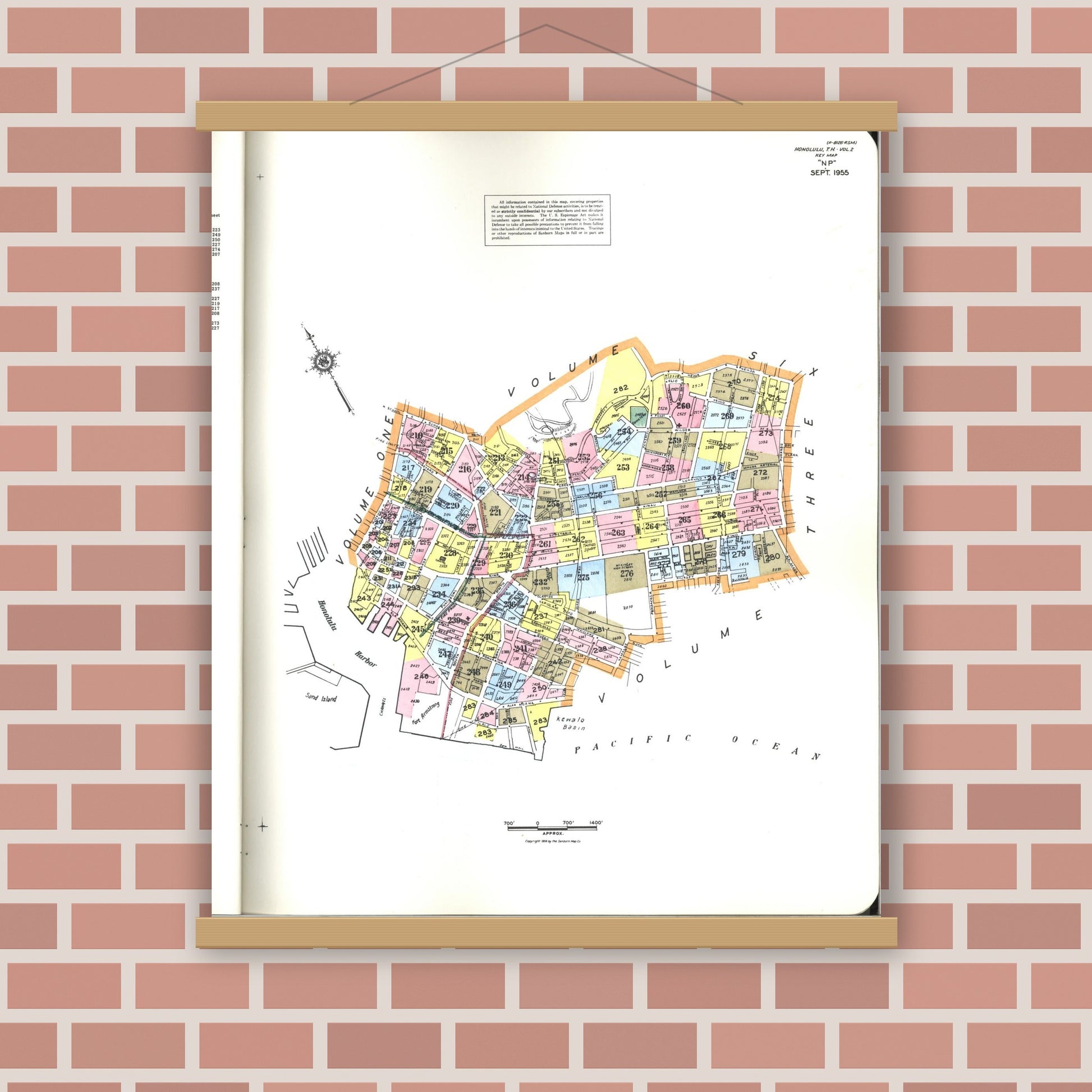 Old map wall art mockup — magnetic wood frame on brick wall — Sanborn Fire Insurance Map from Honolulu, Oahu County, Hawaii (1956), Sheet #0001