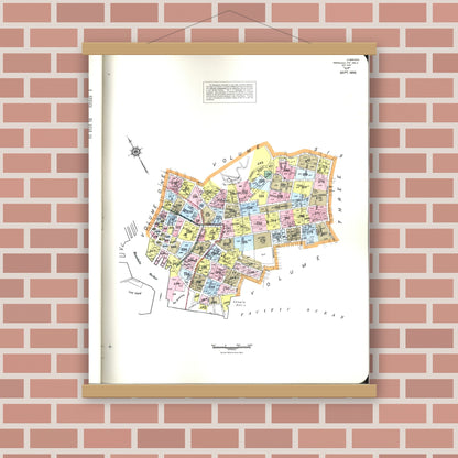 Old map wall art mockup — magnetic wood frame on brick wall — Sanborn Fire Insurance Map from Honolulu, Oahu County, Hawaii (1956), Sheet #0001
