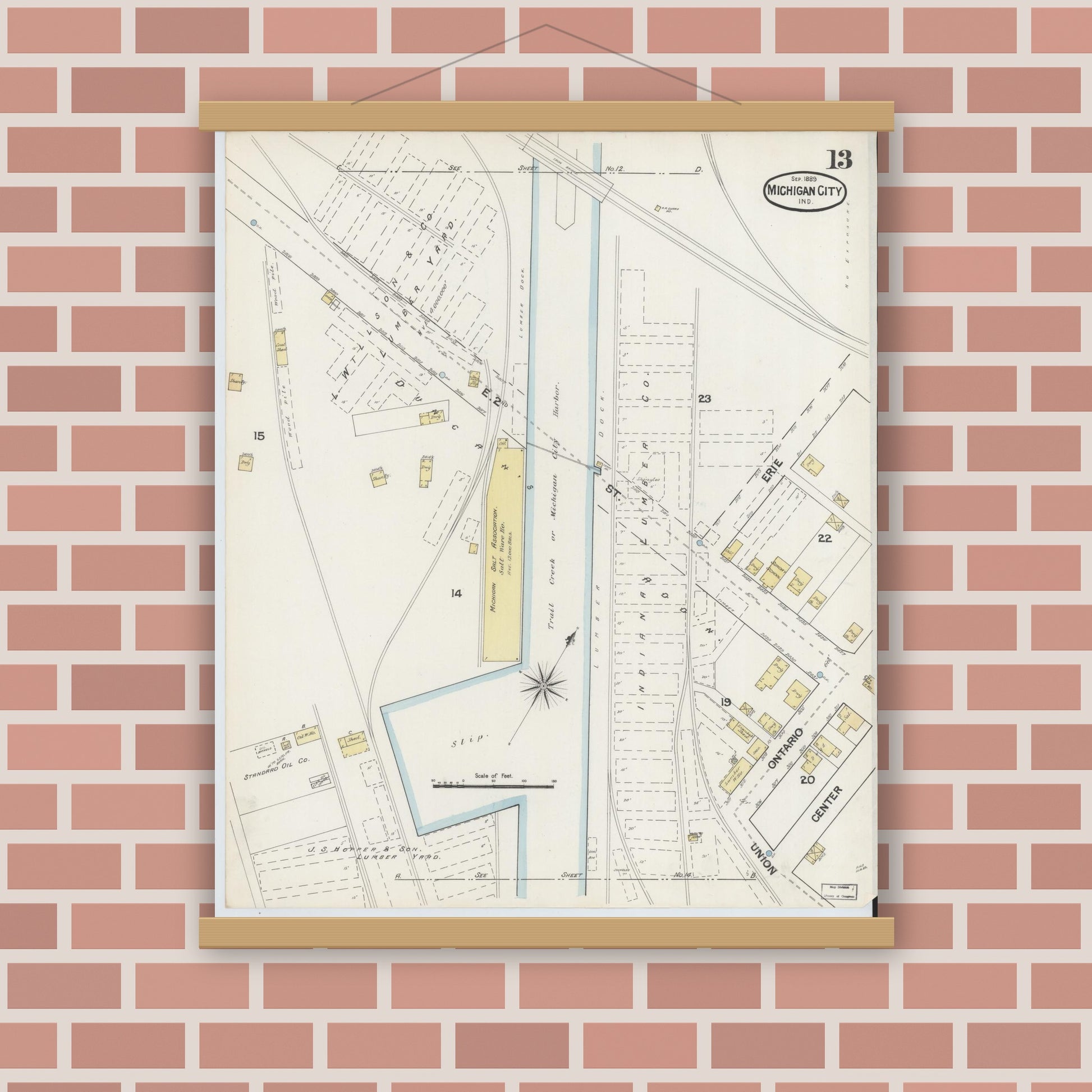 Old map wall art mockup — magnetic wood frame on brick wall — Sanborn Fire Insurance Map from Michigan City, La Porte County, Indiana (1889), Sheet #0013