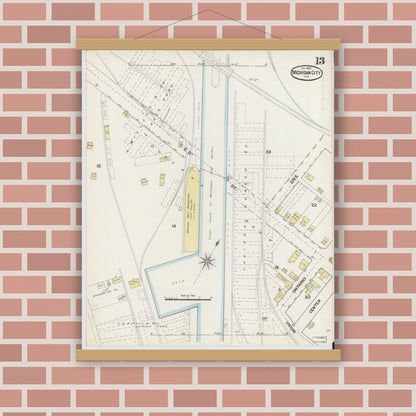 Old map wall art mockup — magnetic wood frame on brick wall — Sanborn Fire Insurance Map from Michigan City, La Porte County, Indiana (1889), Sheet #0013