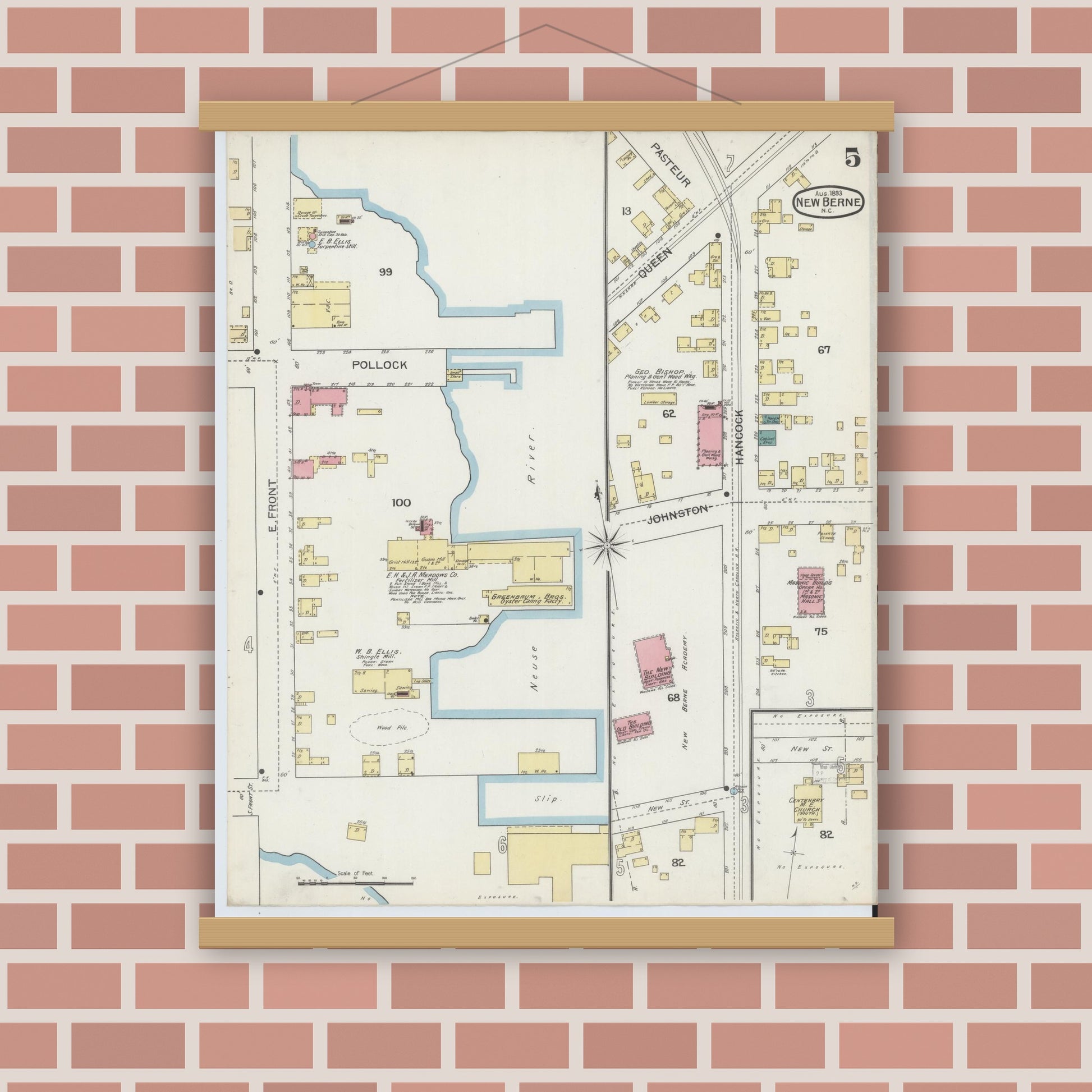Old map wall art mockup — magnetic wood frame on brick wall — Sanborn Fire Insurance Map from New Bern, Craven County, North Carolina (1893), Sheet #0005