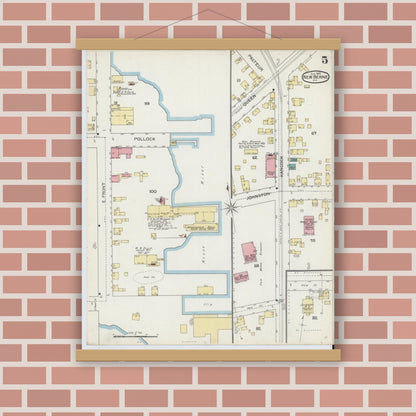 Old map wall art mockup — magnetic wood frame on brick wall — Sanborn Fire Insurance Map from New Bern, Craven County, North Carolina (1893), Sheet #0005