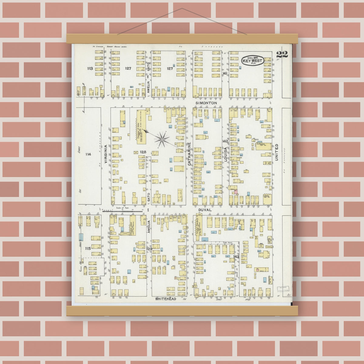 Old map wall art mockup — magnetic wood frame on brick wall — Sanborn Fire Insurance Map from Key West, Monroe County, Florida (1892), Sheet #0022