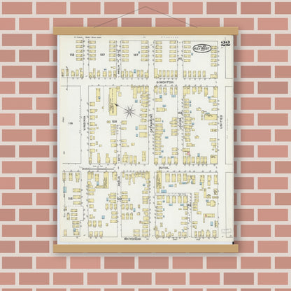 Old map wall art mockup — magnetic wood frame on brick wall — Sanborn Fire Insurance Map from Key West, Monroe County, Florida (1892), Sheet #0022