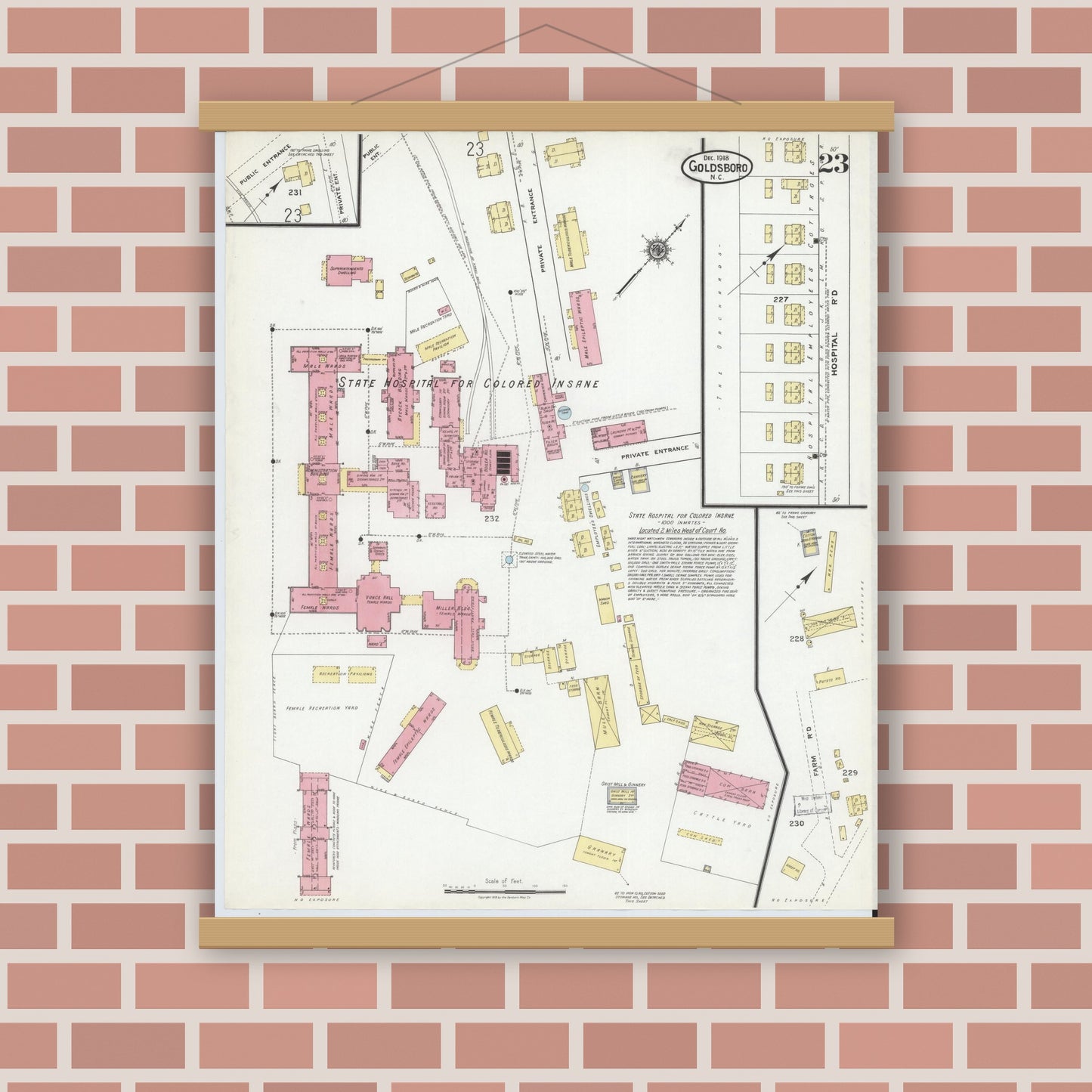 Old map wall art mockup — magnetic wood frame on brick wall — Sanborn Fire Insurance Map from Goldsboro, Wayne County, North Carolina (1918), Sheet #0023