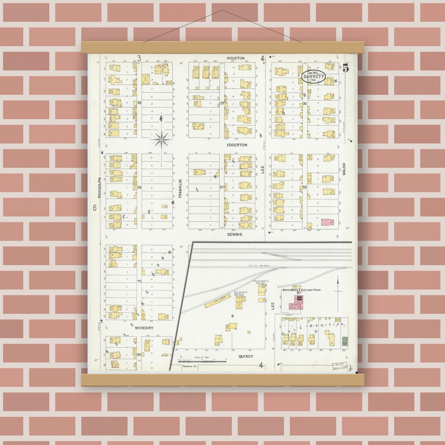 Old map wall art mockup — magnetic wood frame on brick wall — Sanborn Fire Insurance Map from Garrett, De Kalb County, Indiana (1901), Sheet #0005