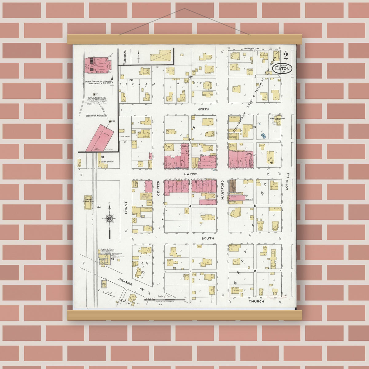 Old map wall art mockup — magnetic wood frame on brick wall — Sanborn Fire Insurance Map from Eaton, Delaware County, Indiana (1920), Sheet #0002