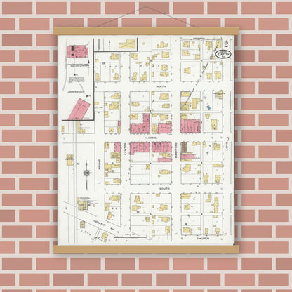 Old map wall art mockup — magnetic wood frame on brick wall — Sanborn Fire Insurance Map from Eaton, Delaware County, Indiana (1920), Sheet #0002