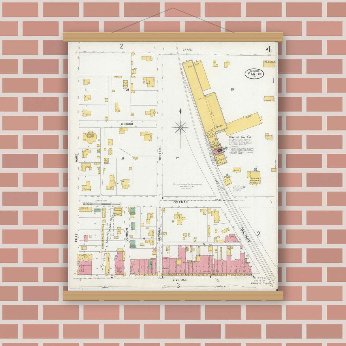 Old map wall art mockup — magnetic wood frame on brick wall — Sanborn Fire Insurance Map from Marlin, Falls County, Texas (1899), Sheet #0004