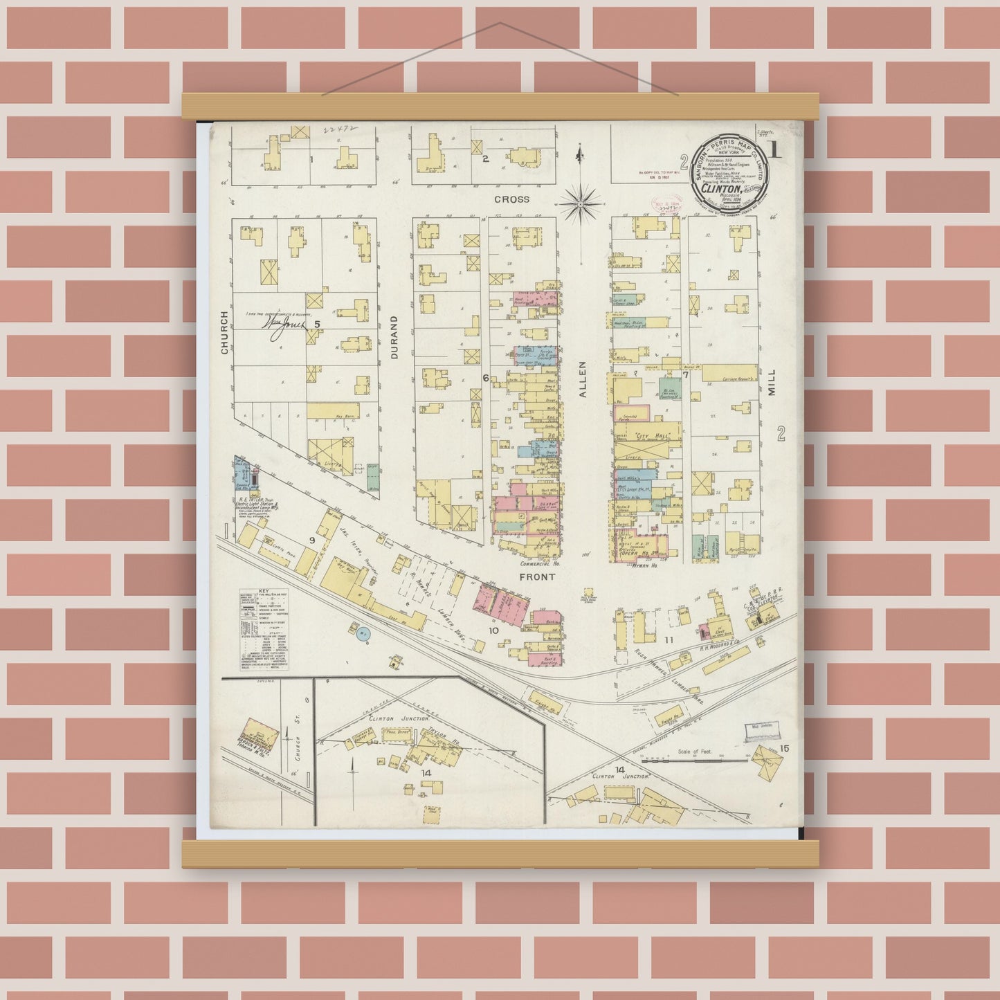 Old map wall art mockup — magnetic wood frame on brick wall — Sanborn Fire Insurance Map from Clinton, Rock County, Wisconsin (1894), Sheet #0001
