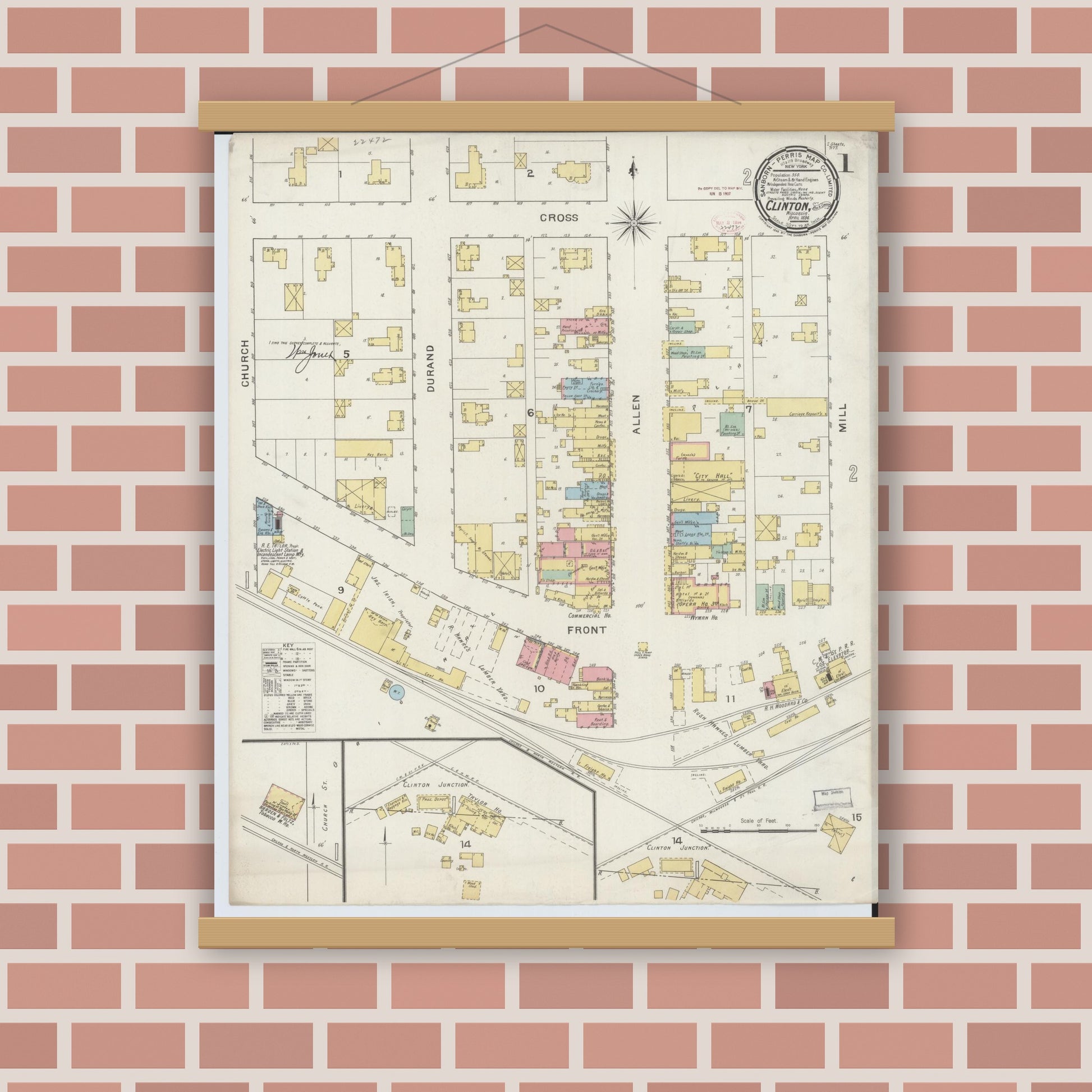 Old map wall art mockup — magnetic wood frame on brick wall — Sanborn Fire Insurance Map from Clinton, Rock County, Wisconsin (1894), Sheet #0001
