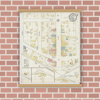 Old map wall art mockup — magnetic wood frame on brick wall — Sanborn Fire Insurance Map from Clinton, Rock County, Wisconsin (1894), Sheet #0001