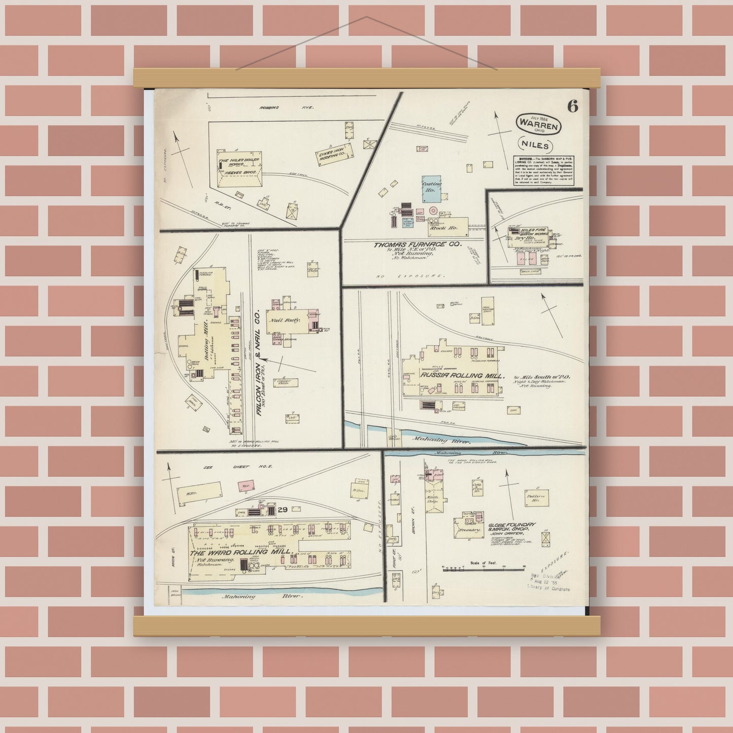 Old map wall art mockup — magnetic wood frame on brick wall — Sanborn Fire Insurance Map from Warren, Trumbull County, Ohio (1884), Sheet #0006