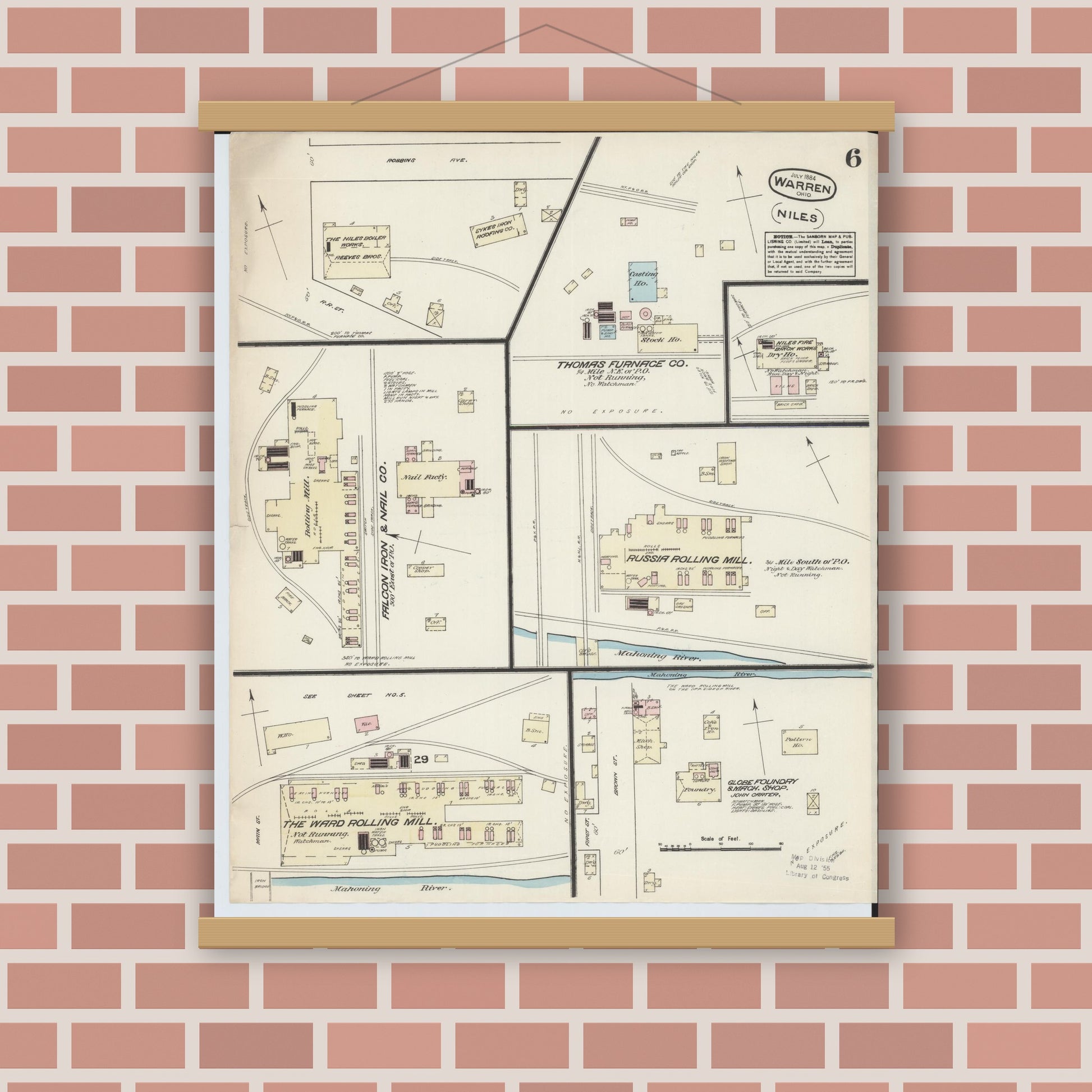 Old map wall art mockup — magnetic wood frame on brick wall — Sanborn Fire Insurance Map from Warren, Trumbull County, Ohio (1884), Sheet #0006
