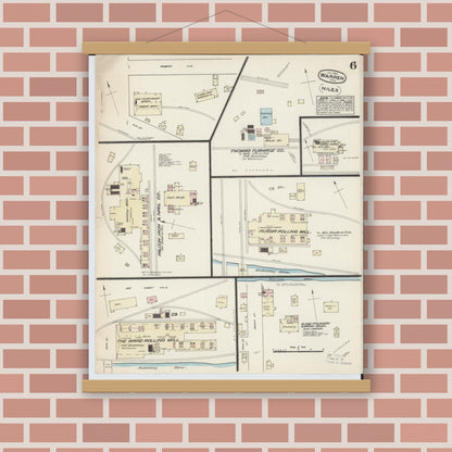 Old map wall art mockup — magnetic wood frame on brick wall — Sanborn Fire Insurance Map from Warren, Trumbull County, Ohio (1884), Sheet #0006