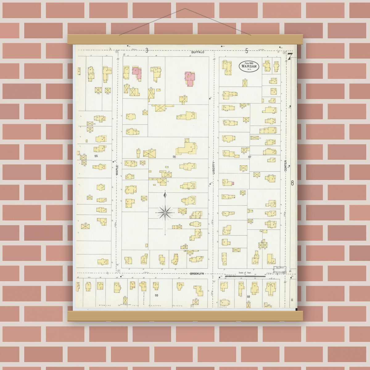 Old map wall art mockup — magnetic wood frame on brick wall — Sanborn Fire Insurance Map from Warsaw, Wyoming County, New York (1903), Sheet #0007