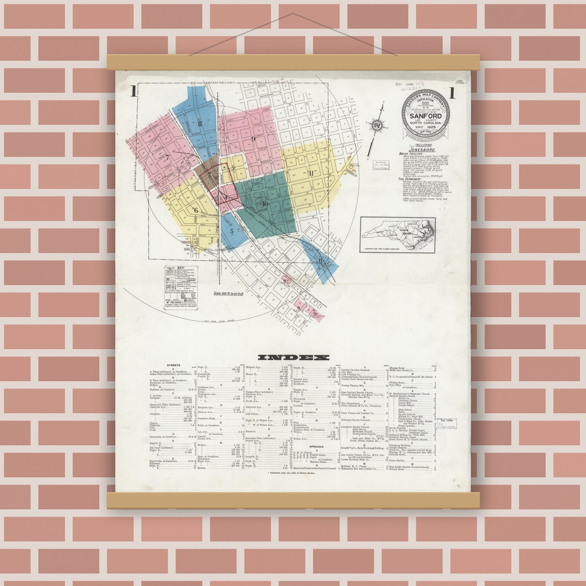 Old map wall art mockup — magnetic wood frame on brick wall — Sanborn Fire Insurance Map from Sanford, Lee County, North Carolina (1925) - Complete Map Set