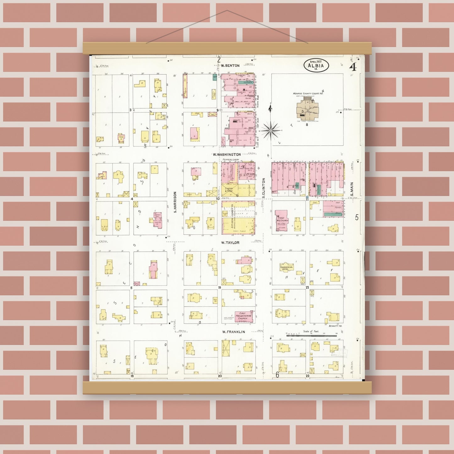 Old map wall art mockup — magnetic wood frame on brick wall — Sanborn Fire Insurance Map from Albia, Monroe County, Iowa (1907), Sheet #0004