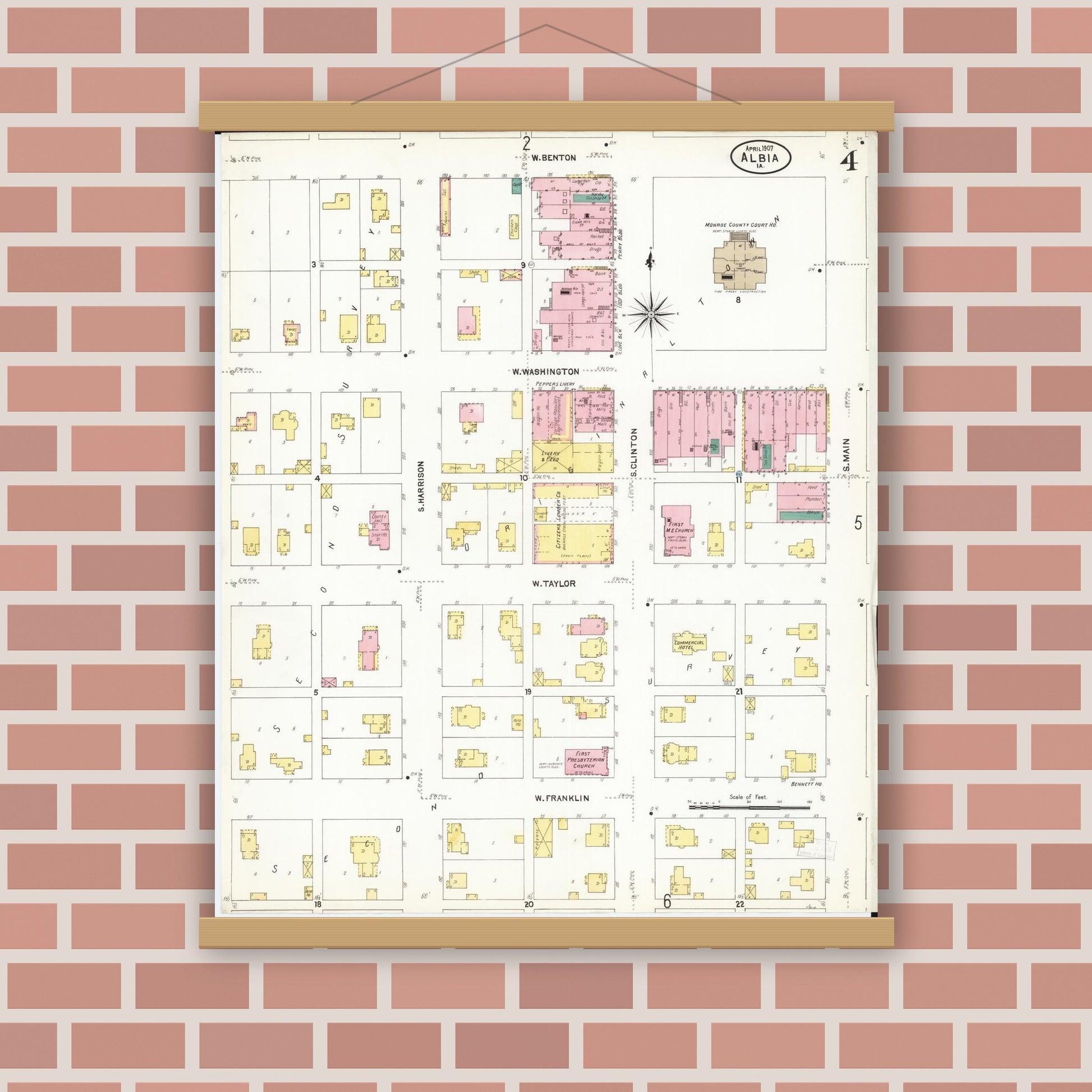 Old map wall art mockup — magnetic wood frame on brick wall — Sanborn Fire Insurance Map from Albia, Monroe County, Iowa (1907), Sheet #0004