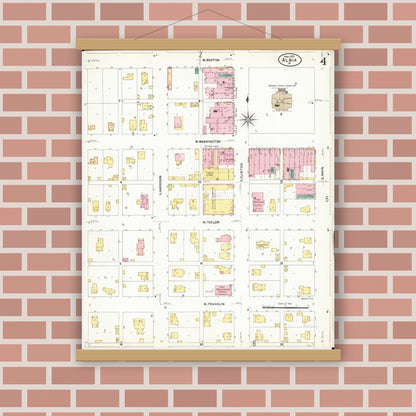Old map wall art mockup — magnetic wood frame on brick wall — Sanborn Fire Insurance Map from Albia, Monroe County, Iowa (1907), Sheet #0004