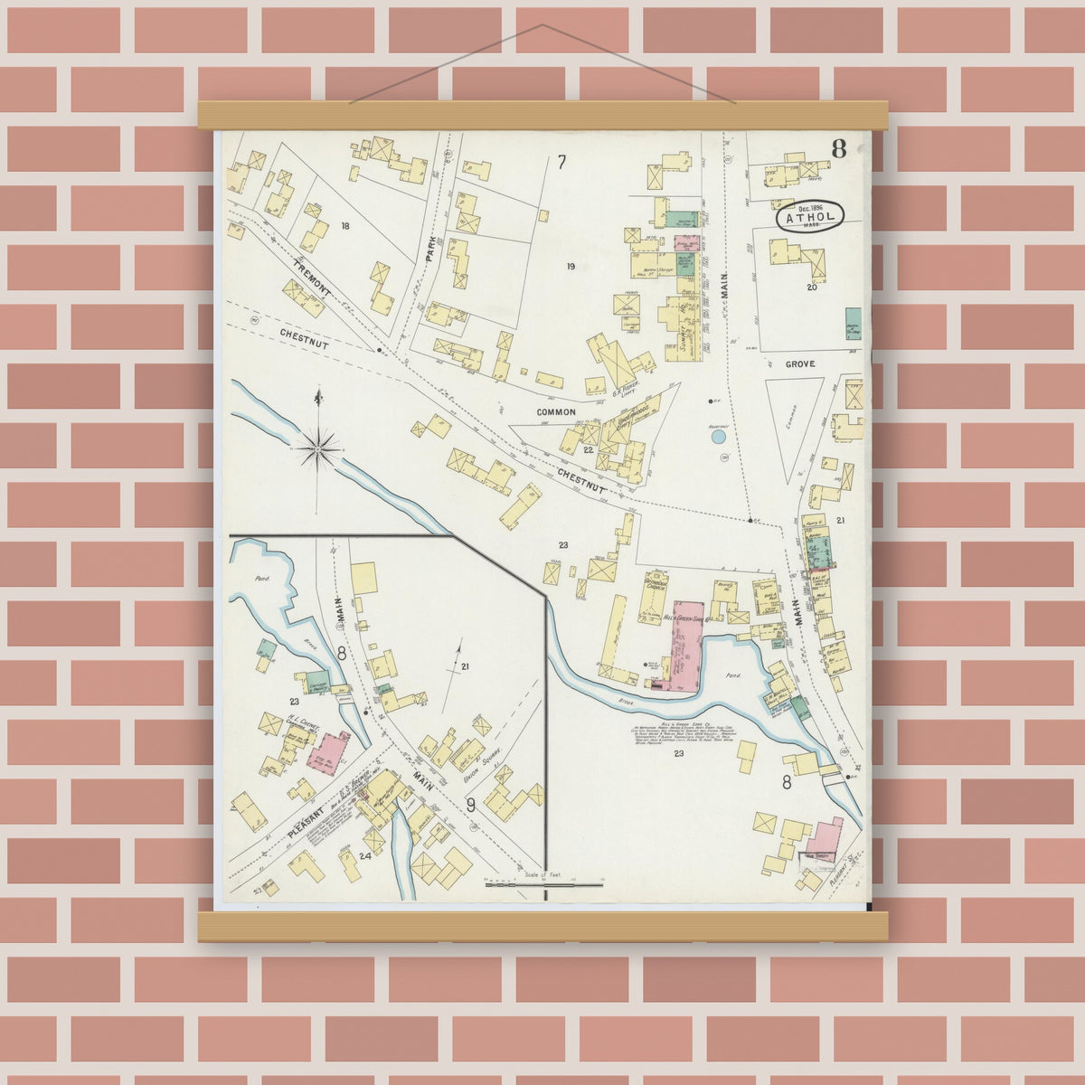 Old map wall art mockup — magnetic wood frame on brick wall — Sanborn Fire Insurance Map from Athol, Worcester County, Massachusetts (1896), Sheet #0008