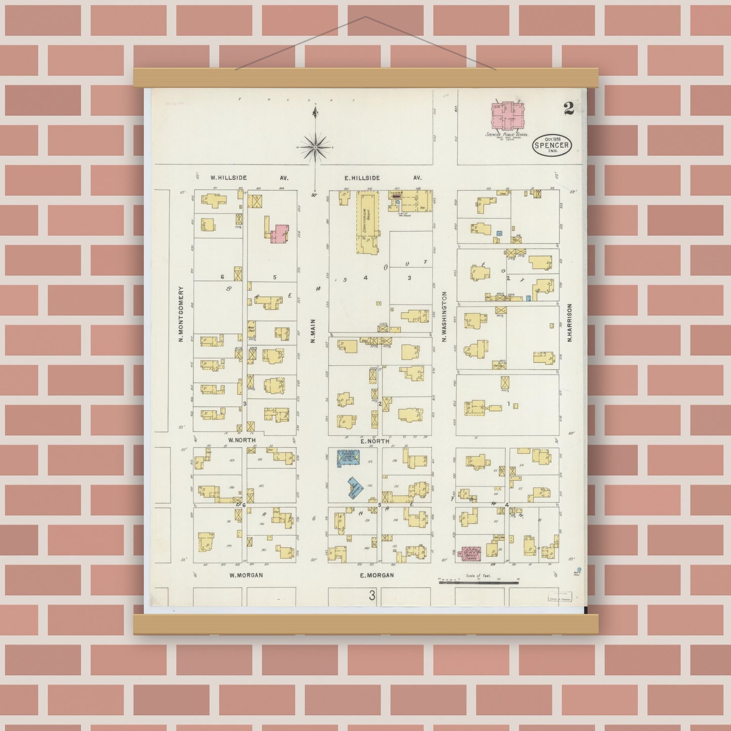 Old map wall art mockup — magnetic wood frame on brick wall — Sanborn Fire Insurance Map from Spencer, Owen County, Indiana (1898), Sheet #0002