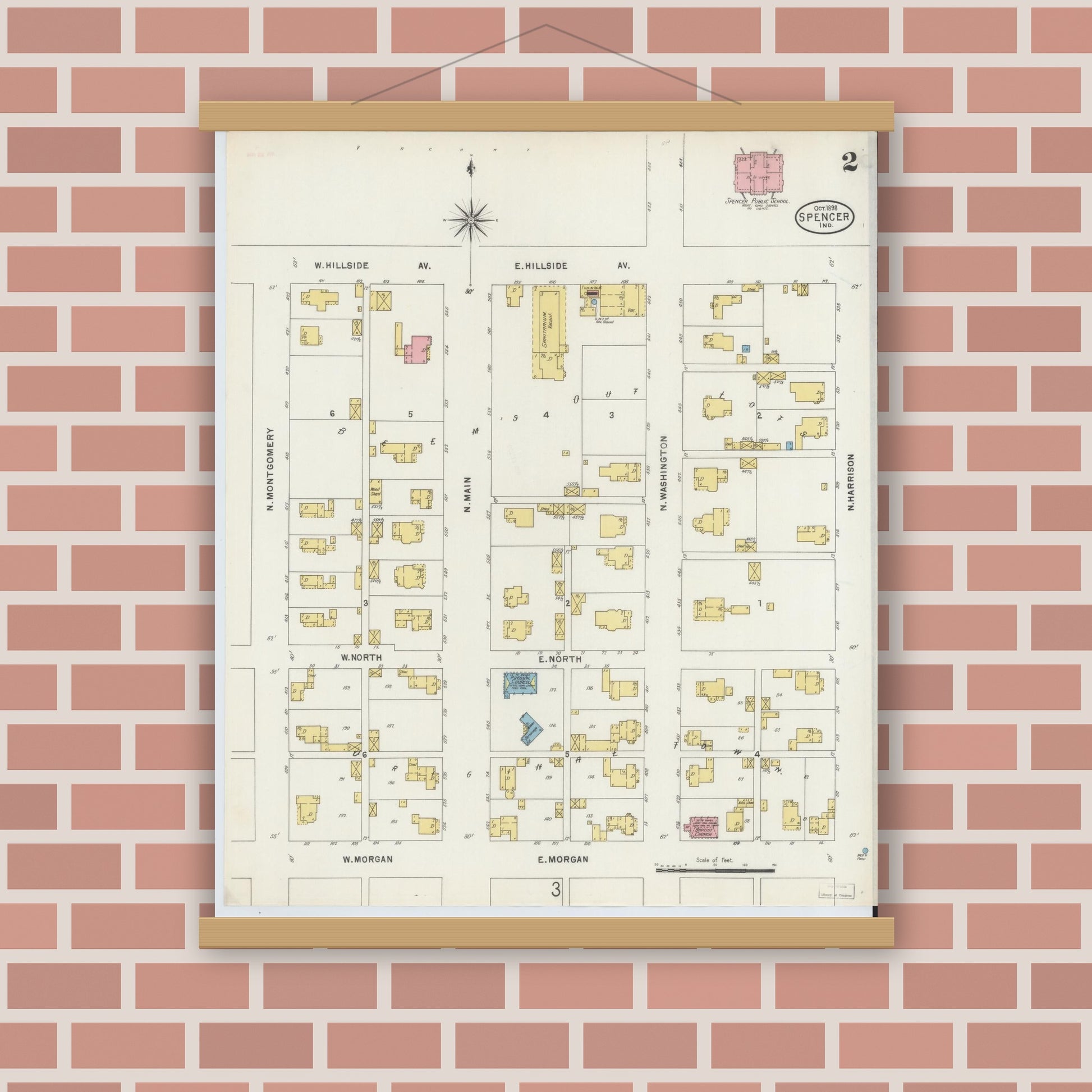 Old map wall art mockup — magnetic wood frame on brick wall — Sanborn Fire Insurance Map from Spencer, Owen County, Indiana (1898), Sheet #0002