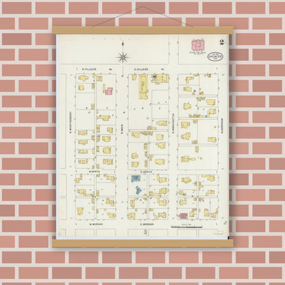 Old map wall art mockup — magnetic wood frame on brick wall — Sanborn Fire Insurance Map from Spencer, Owen County, Indiana (1898), Sheet #0002