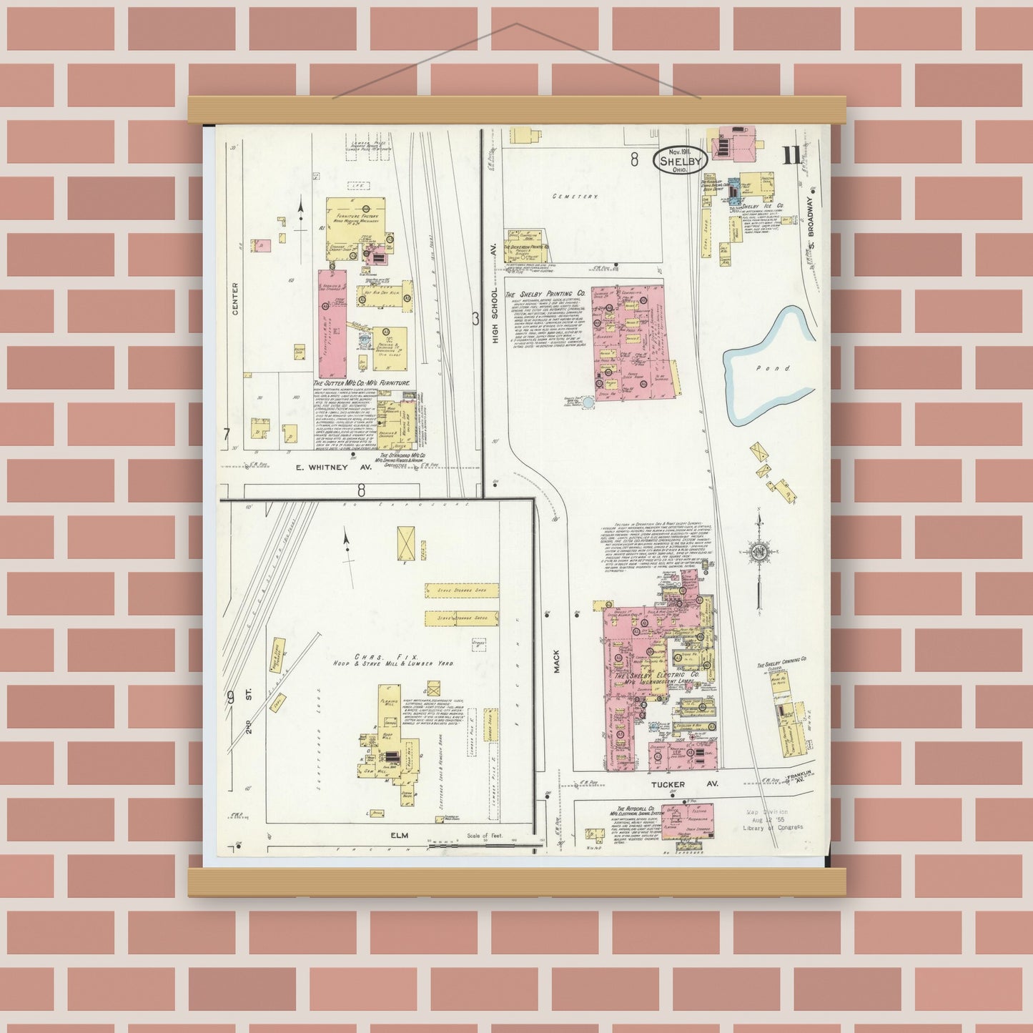 Old map wall art mockup — magnetic wood frame on brick wall — Sanborn Fire Insurance Map from Shelby, Richland County, Ohio (1911), Sheet #0011
