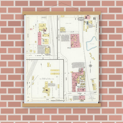 Old map wall art mockup — magnetic wood frame on brick wall — Sanborn Fire Insurance Map from Shelby, Richland County, Ohio (1911), Sheet #0011