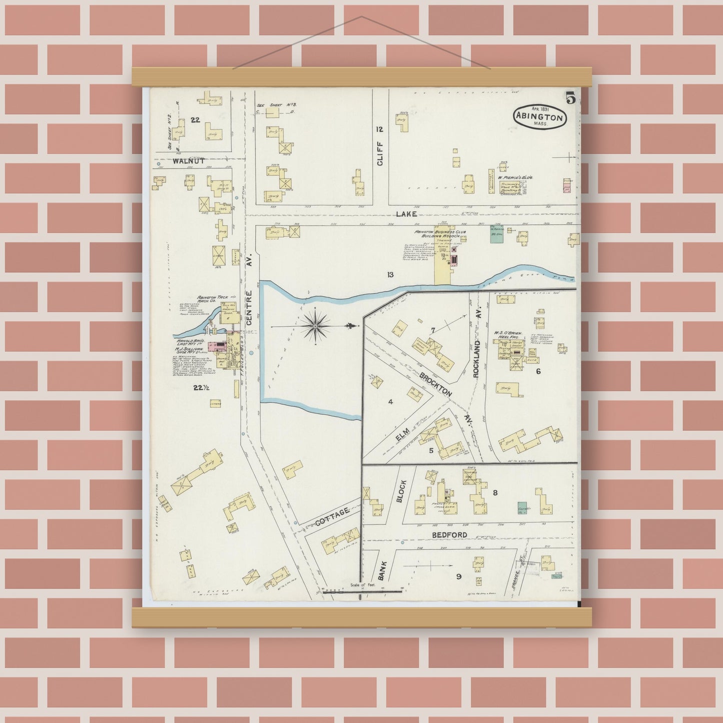 Old map wall art mockup — magnetic wood frame on brick wall — Sanborn Fire Insurance Map from Abington, Plymouth County, Massachusetts (1891), Sheet #0005