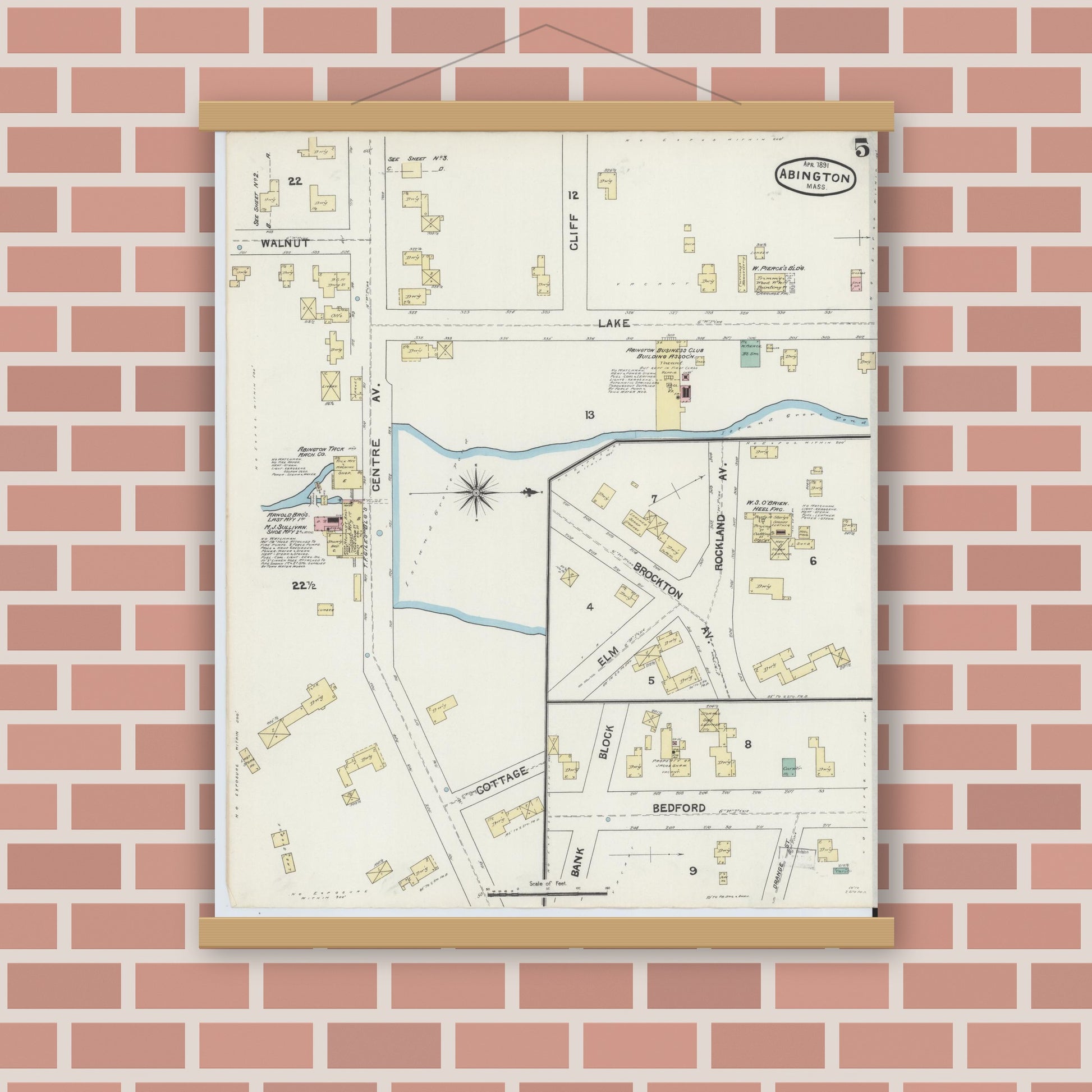 Old map wall art mockup — magnetic wood frame on brick wall — Sanborn Fire Insurance Map from Abington, Plymouth County, Massachusetts (1891), Sheet #0005