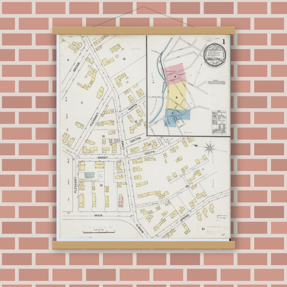 Old map wall art mockup — magnetic wood frame on brick wall — Sanborn Fire Insurance Map from South Hadley Falls, Hampshire County, Massachusetts (1889) - Complete Map Set