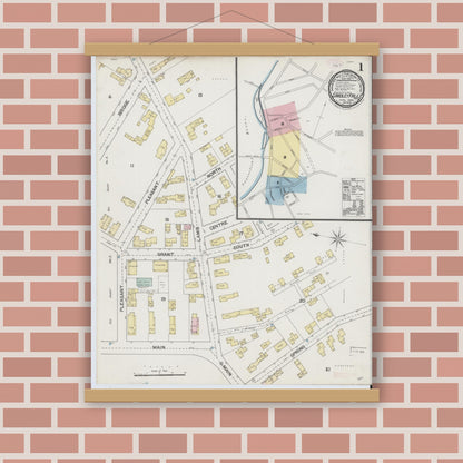 Old map wall art mockup — magnetic wood frame on brick wall — Sanborn Fire Insurance Map from South Hadley Falls, Hampshire County, Massachusetts (1889) - Complete Map Set