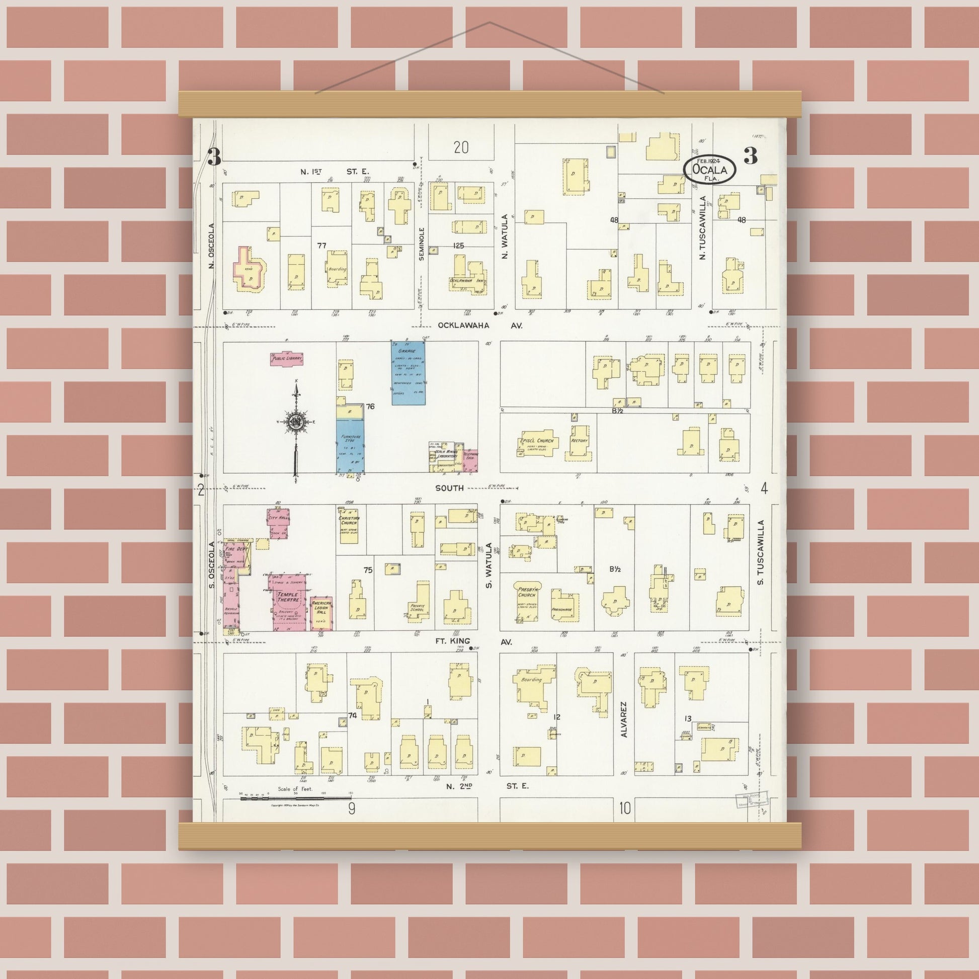 Old map wall art mockup — magnetic wood frame on brick wall — Sanborn Fire Insurance Map from Ocala, Marion County, Florida (1924), Sheet #0003